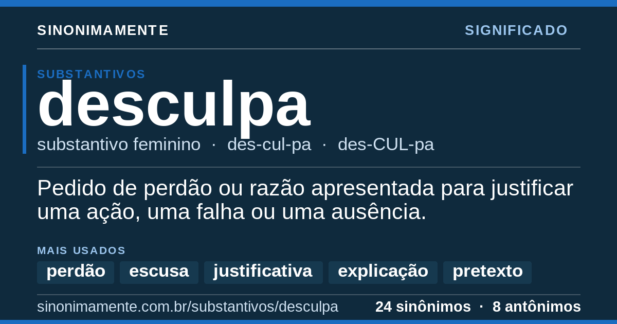 Significado de desculpa: cartão do verbete com 24 sinônimos