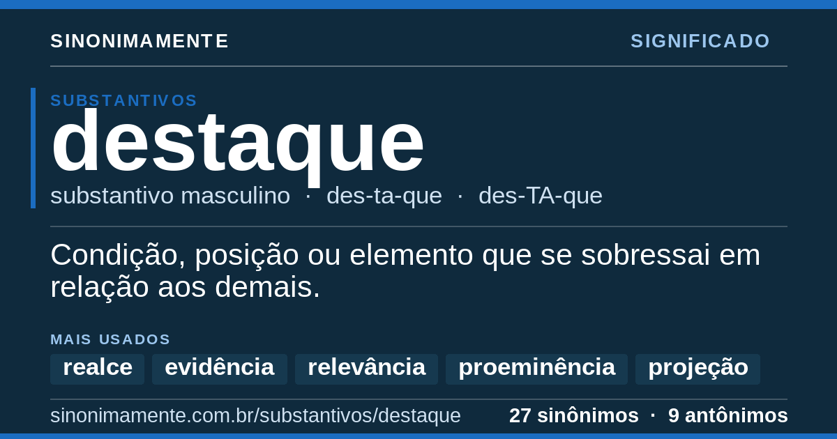 Significado de destaque: cartão do verbete com 27 sinônimos