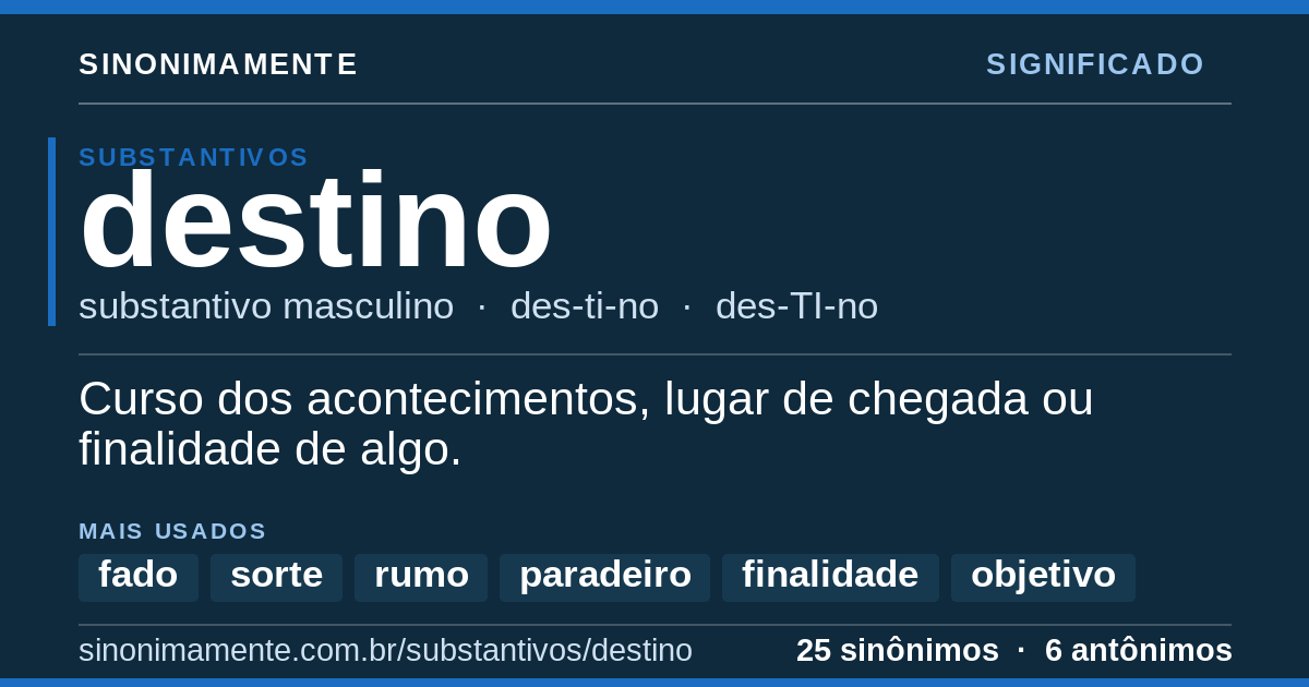 Significado de destino: cartão do verbete com 25 sinônimos