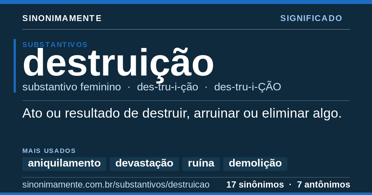 Significado de destruição: cartão do verbete com 17 sinônimos