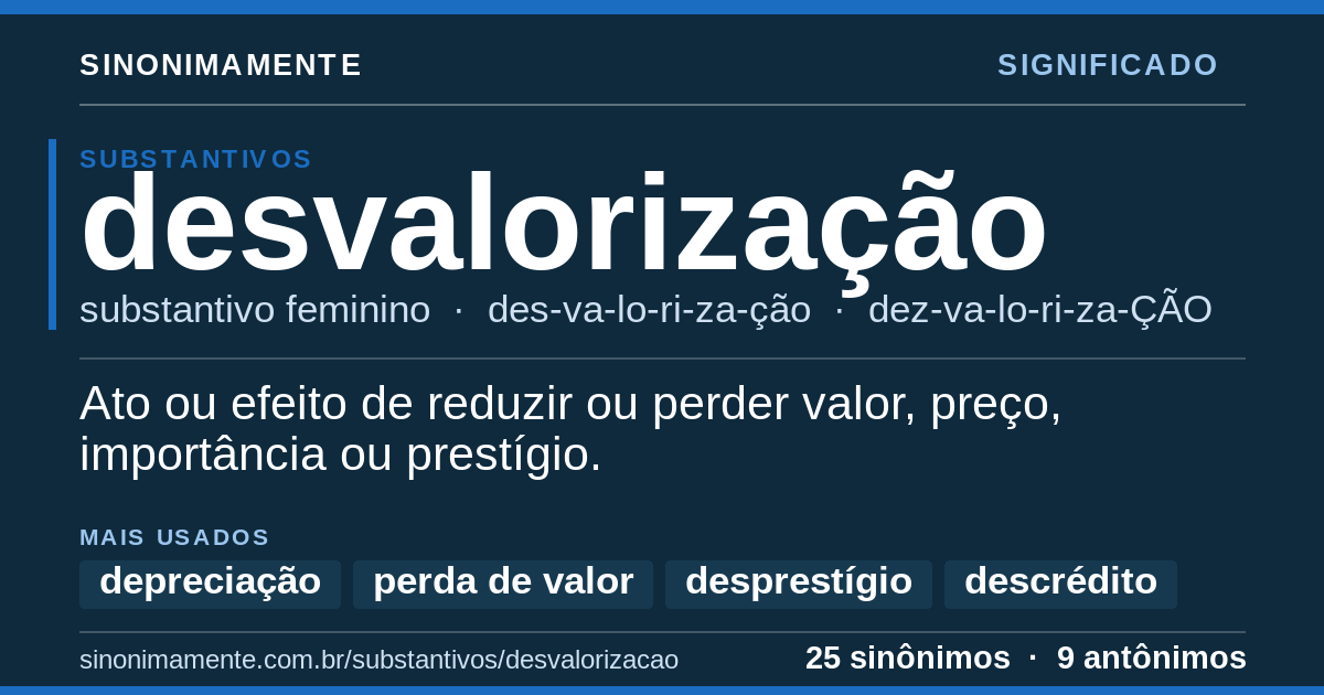 Significado de desvalorização: cartão do verbete com 25 sinônimos