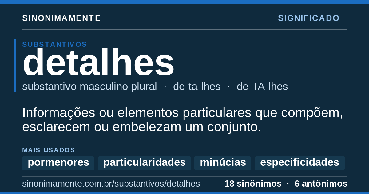 Significado de detalhes: cartão do verbete com 18 sinônimos