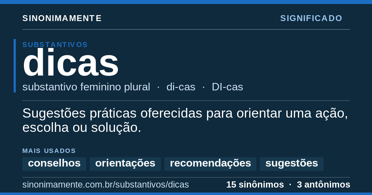 Significado de dicas: cartão do verbete com 15 sinônimos