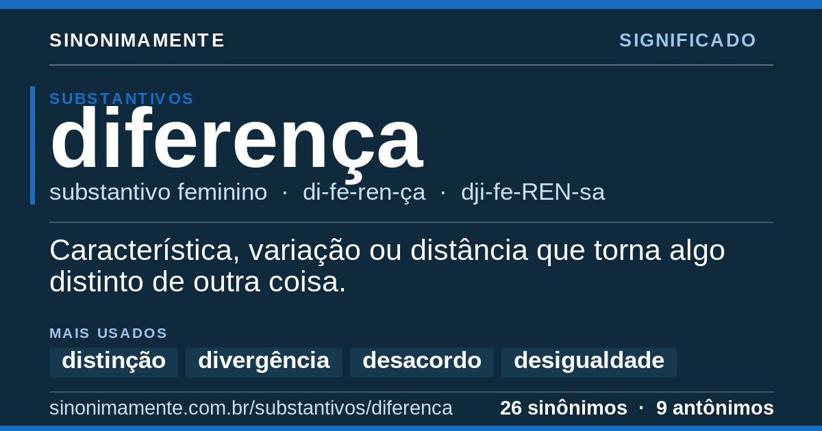 Significado de diferença: cartão do verbete com 26 sinônimos