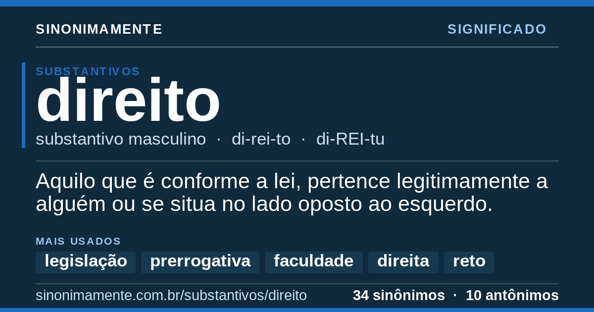 Significado de direito: cartão do verbete com 34 sinônimos