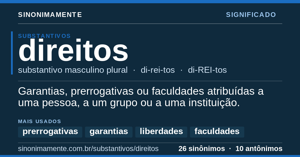 Significado de direitos: cartão do verbete com 26 sinônimos