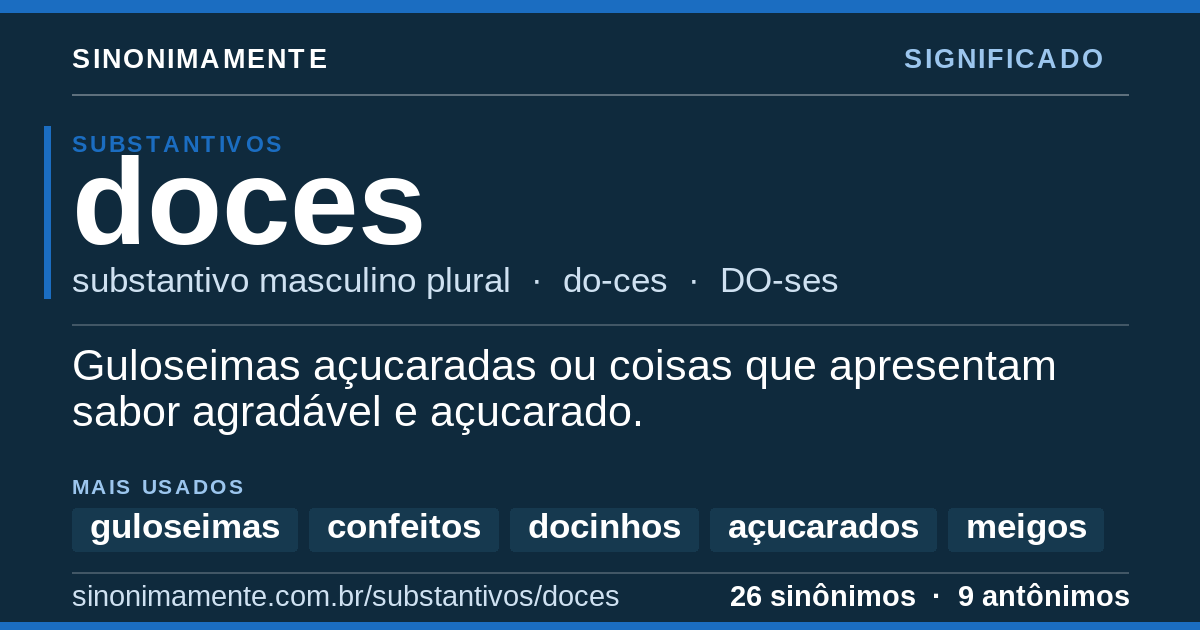 Significado de doces: cartão do verbete com 26 sinônimos
