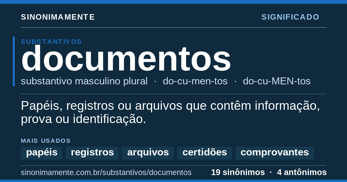 Significado de documentos: cartão do verbete com 19 sinônimos