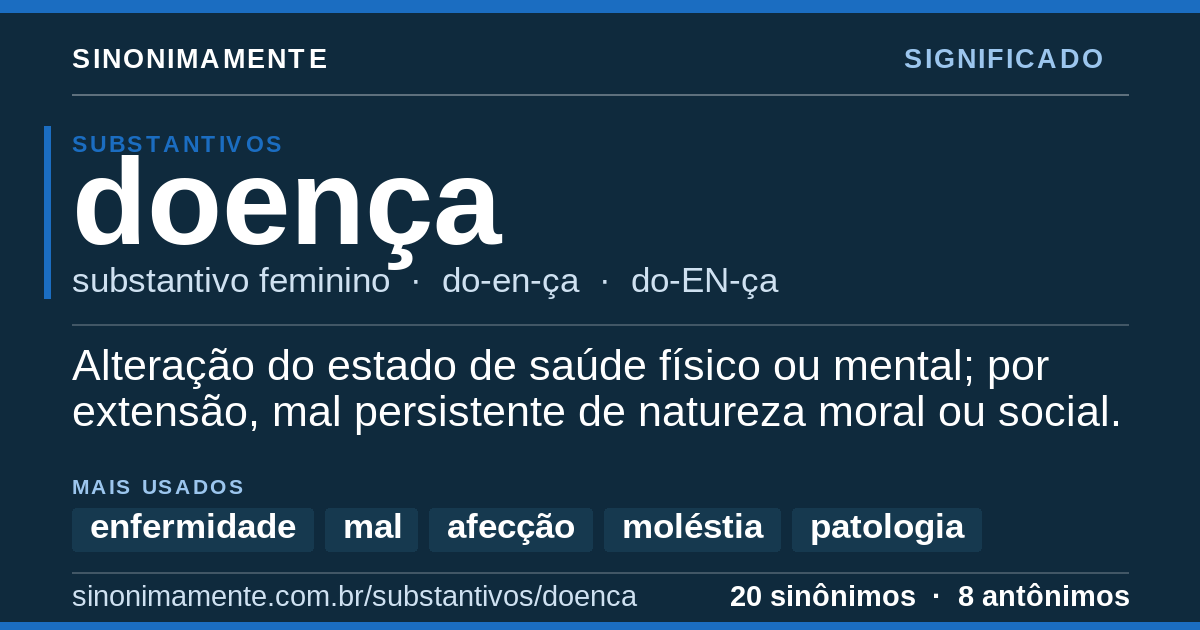 Significado de doença: cartão do verbete com 20 sinônimos