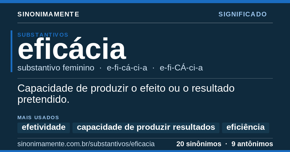 Significado de eficácia: cartão do verbete com 20 sinônimos