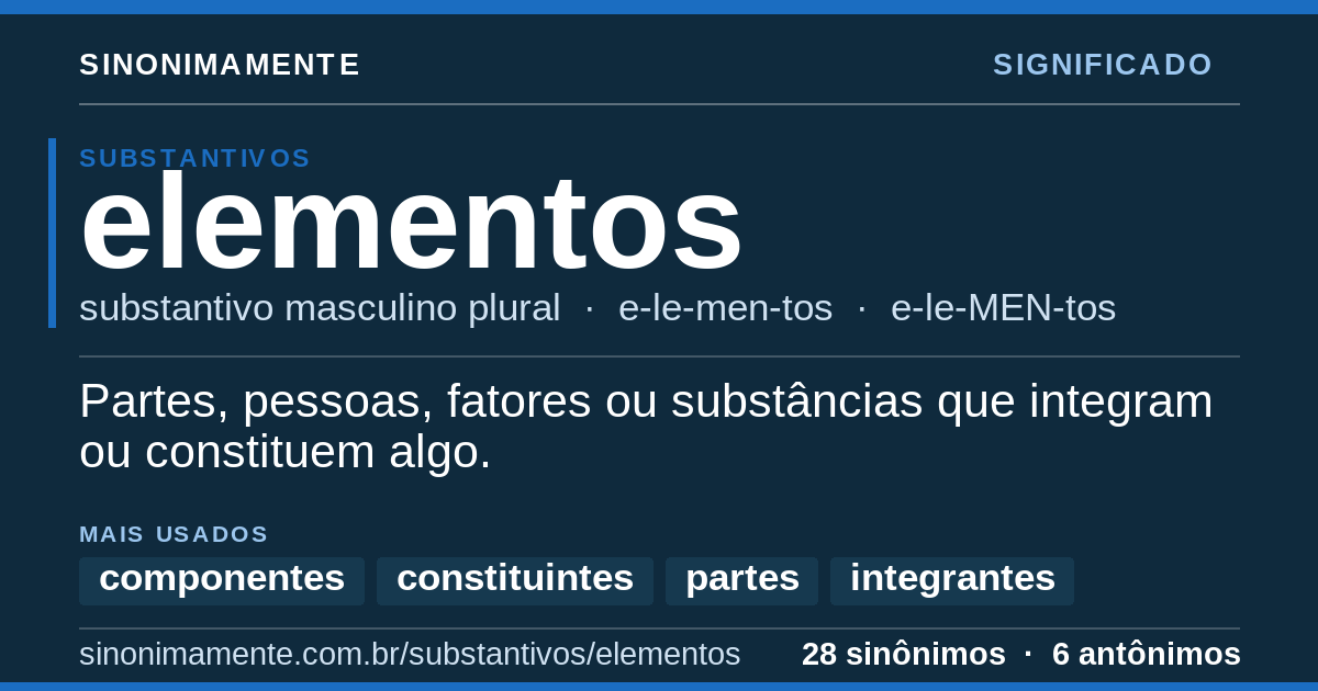 Significado de elementos: cartão do verbete com 28 sinônimos