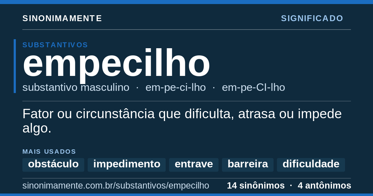 Significado de empecilho: cartão do verbete com 14 sinônimos
