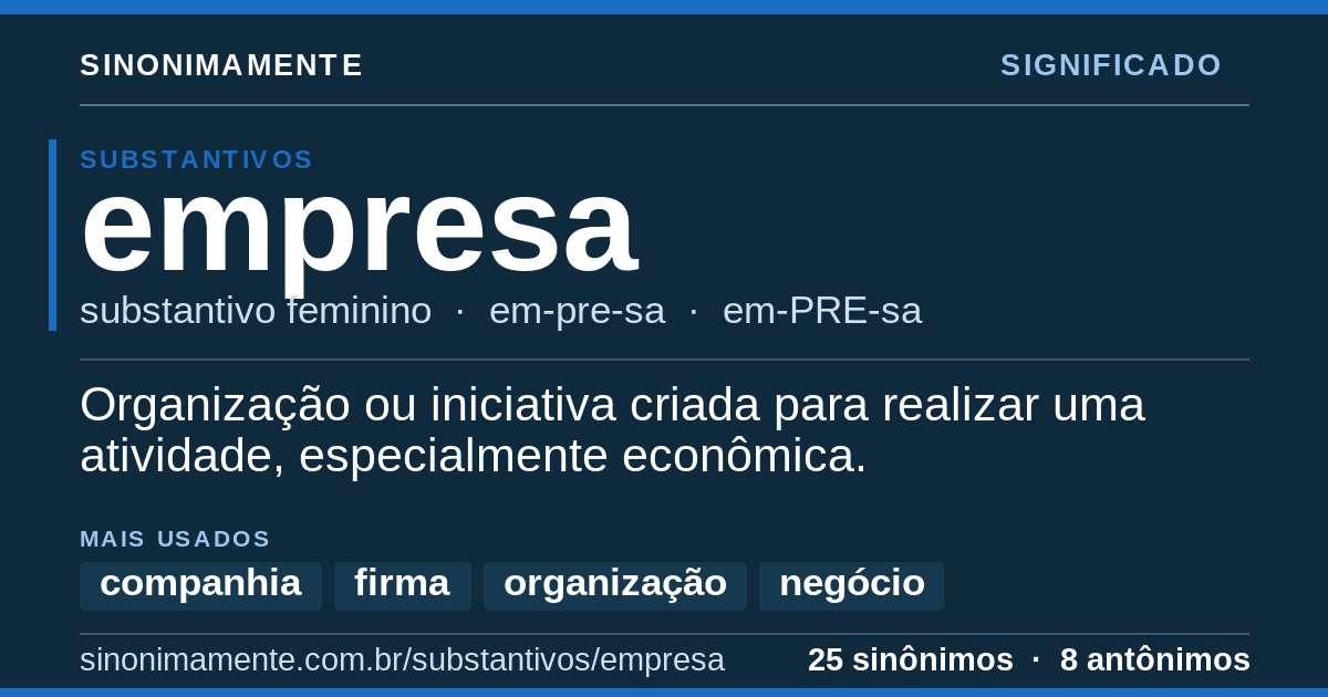 Significado de empresa: cartão do verbete com 25 sinônimos