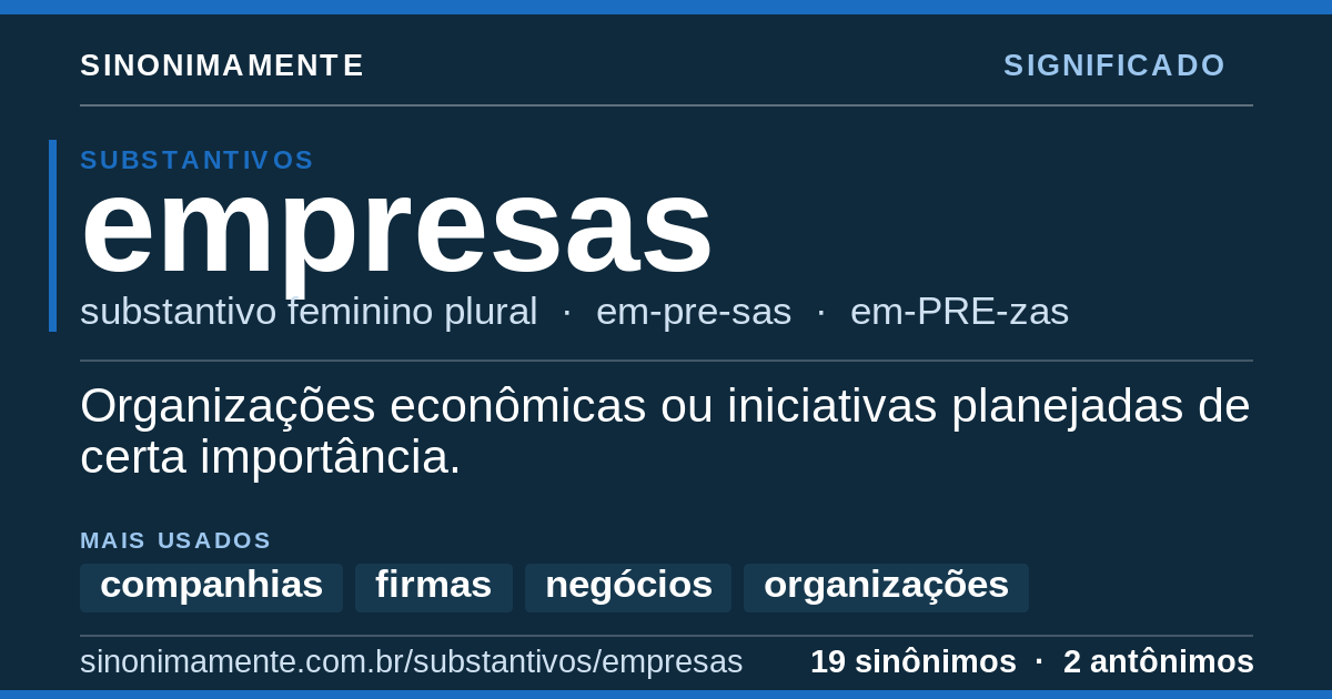 Significado de empresas: cartão do verbete com 19 sinônimos