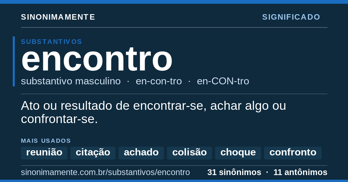Significado de encontro: cartão do verbete com 31 sinônimos
