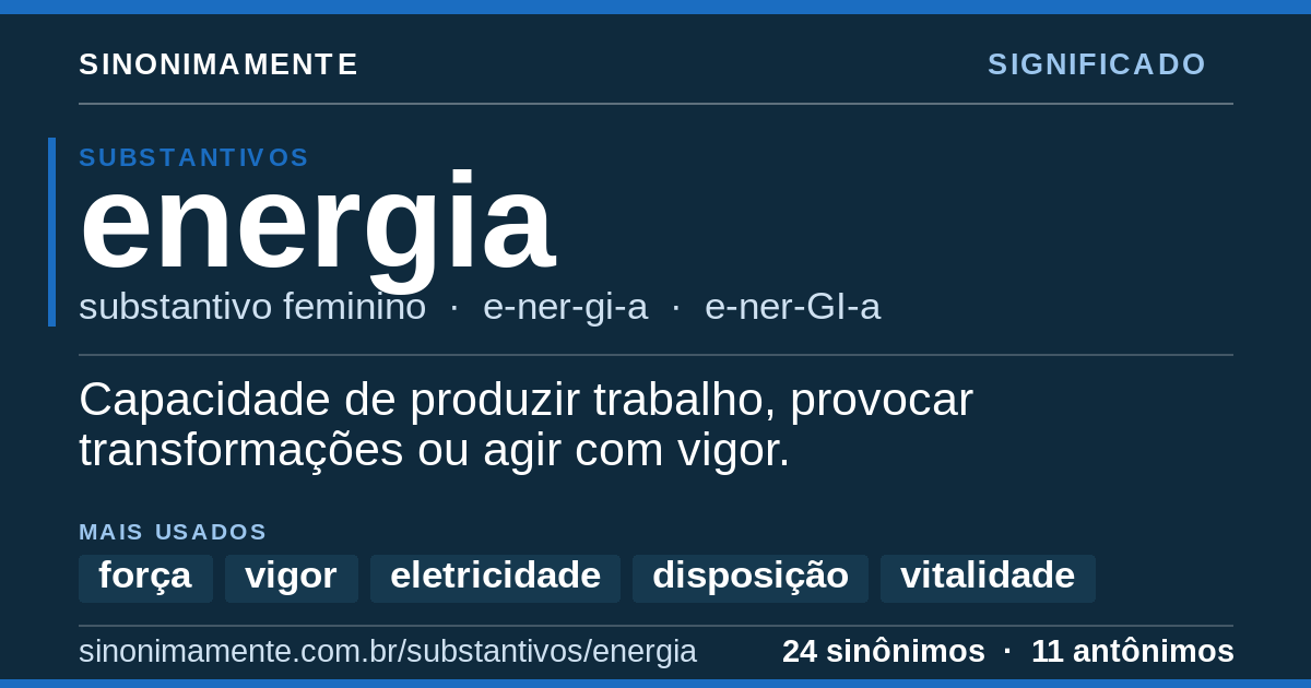 Significado de energia: cartão do verbete com 24 sinônimos