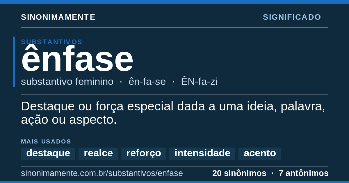Significado de ênfase: cartão do verbete com 20 sinônimos