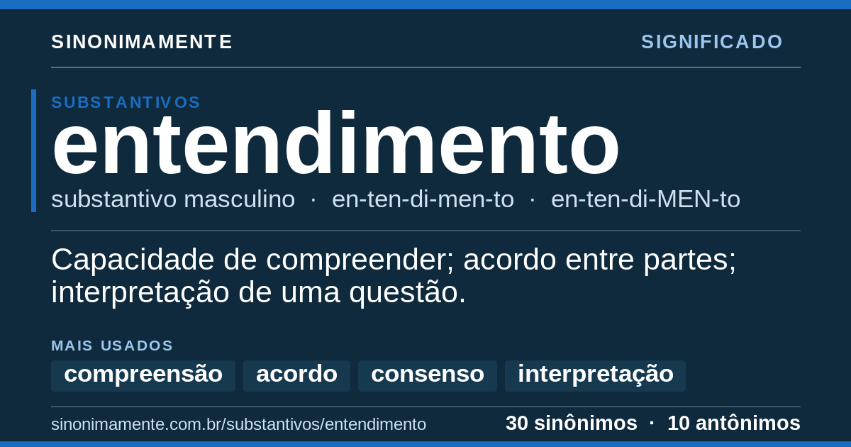 Significado de entendimento: cartão do verbete com 30 sinônimos