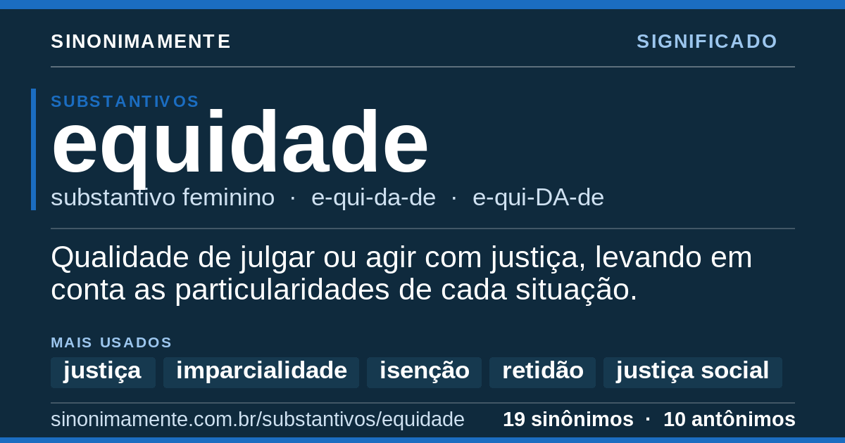 Significado de equidade: cartão do verbete com 19 sinônimos
