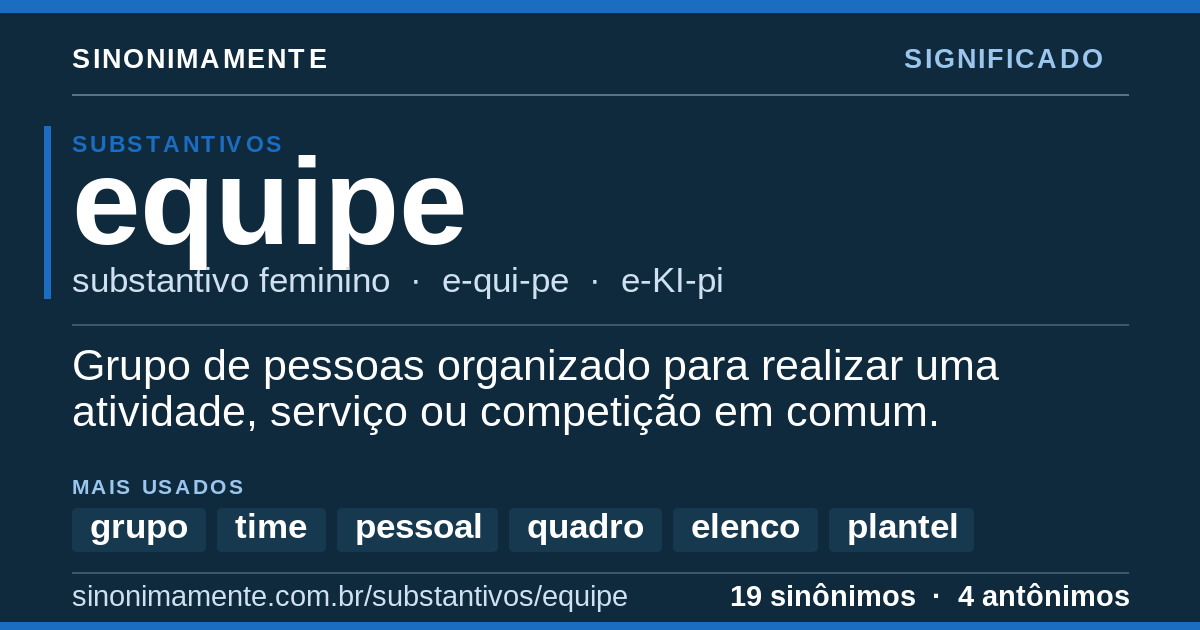 Significado de equipe: cartão do verbete com 19 sinônimos