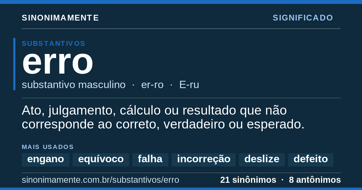 Significado de erro: cartão do verbete com 21 sinônimos