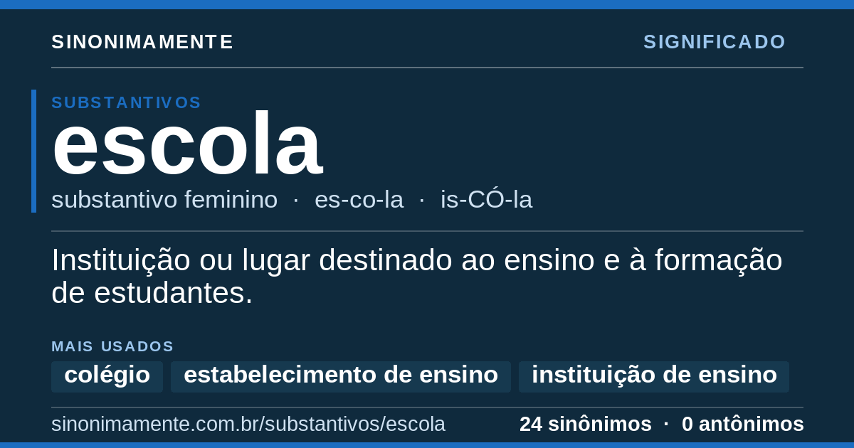 Significado de escola: cartão do verbete com 24 sinônimos