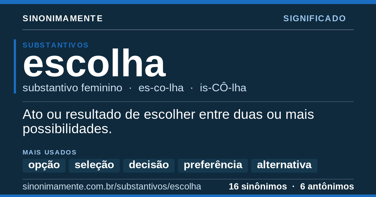 Significado de escolha: cartão do verbete com 16 sinônimos