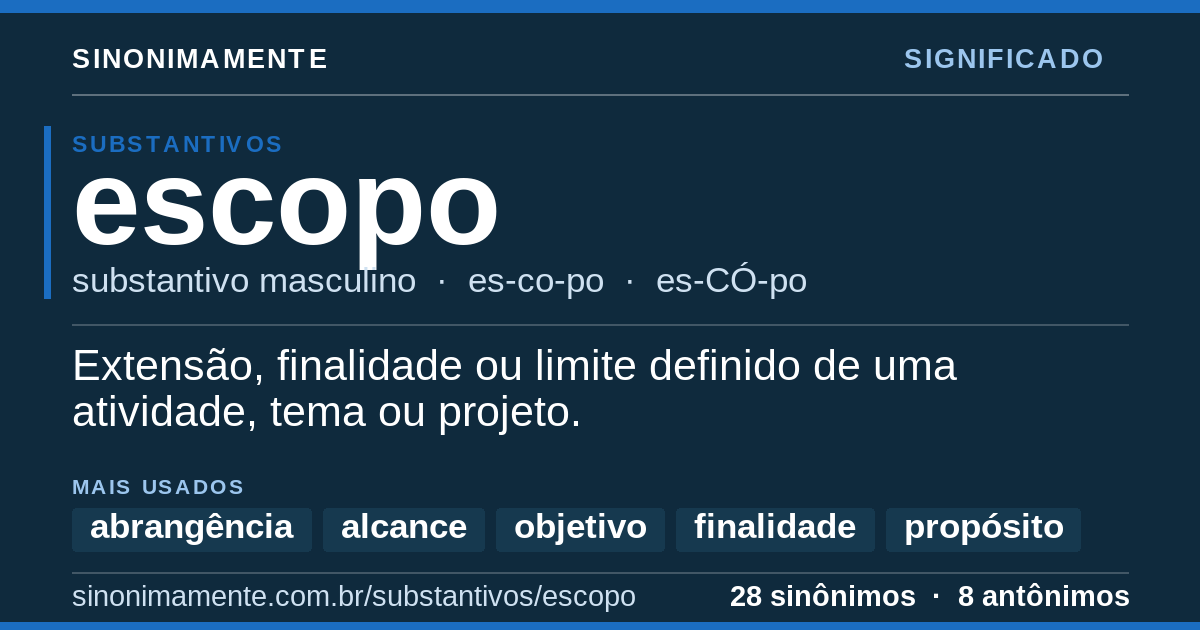 Significado de escopo: cartão do verbete com 28 sinônimos