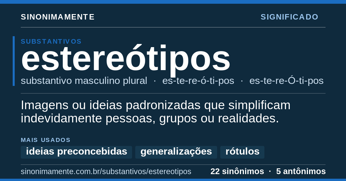 Significado de estereótipos: cartão do verbete com 22 sinônimos