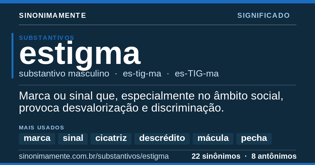 Significado de estigma: cartão do verbete com 22 sinônimos