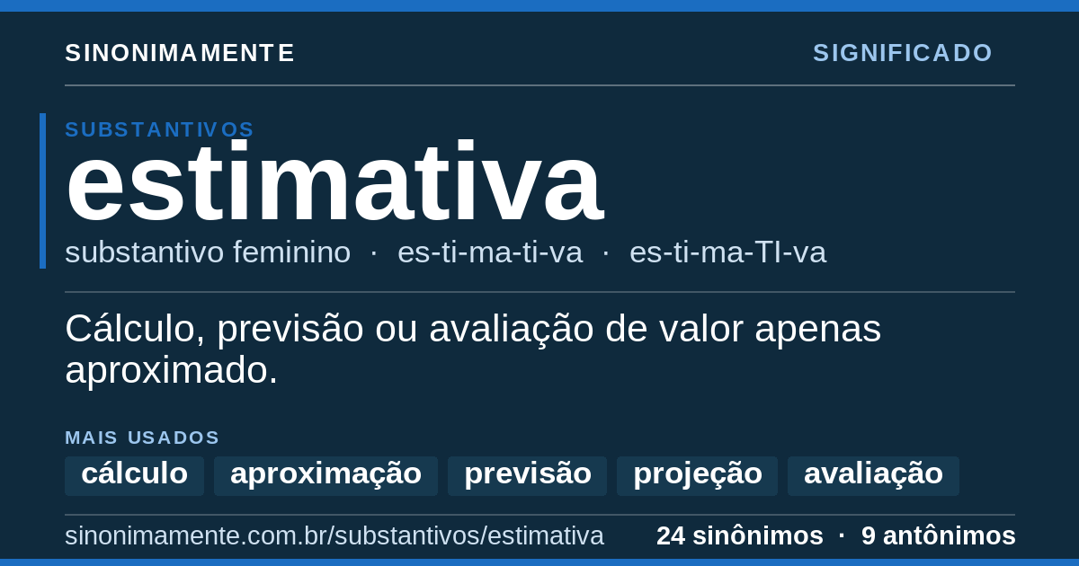 Significado de estimativa: cartão do verbete com 24 sinônimos