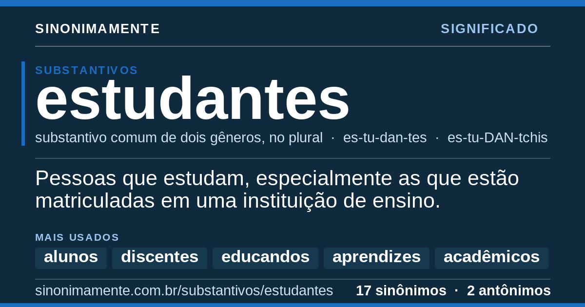 Significado de estudantes: cartão do verbete com 17 sinônimos