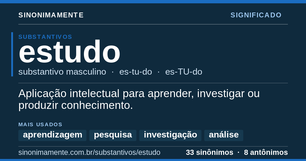 Significado de estudo: cartão do verbete com 33 sinônimos