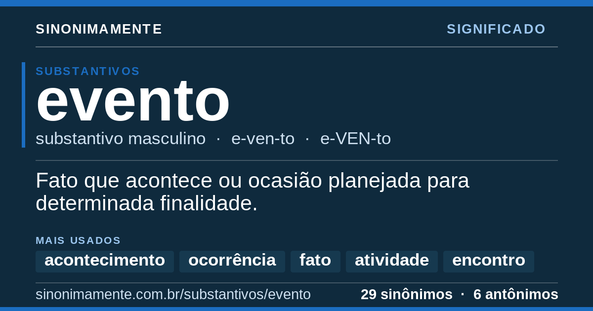 Significado de evento: cartão do verbete com 29 sinônimos