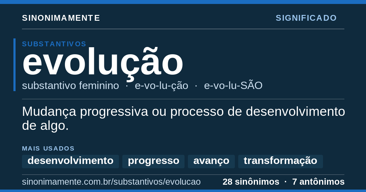 Significado de evolução: cartão do verbete com 28 sinônimos
