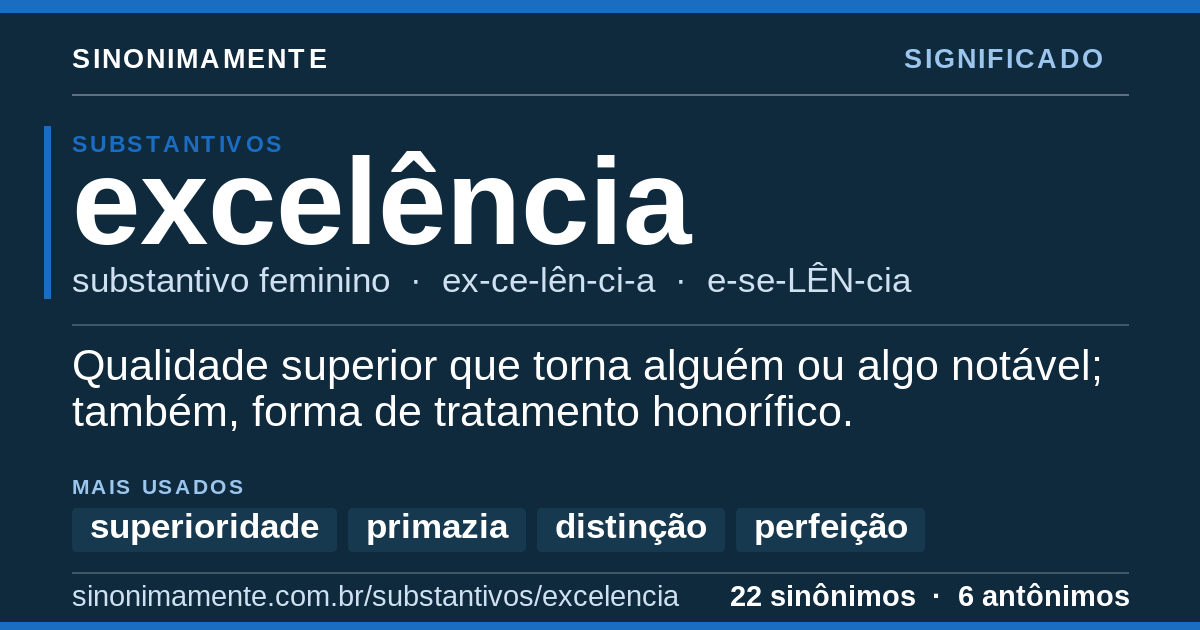 Significado de excelência: cartão do verbete com 22 sinônimos