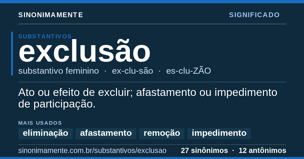 Significado de exclusão: cartão do verbete com 27 sinônimos