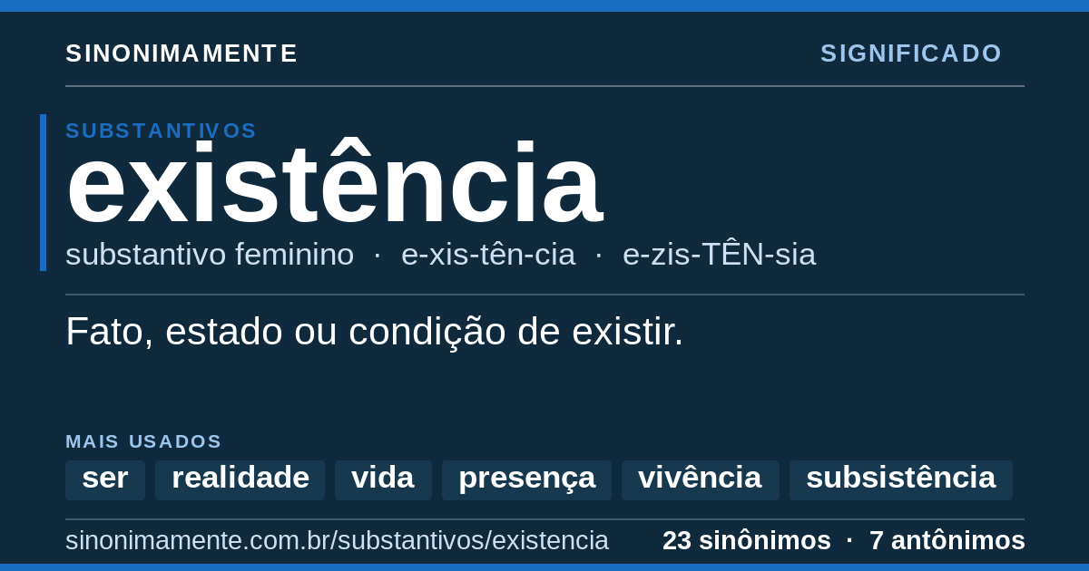 Significado de existência: cartão do verbete com 23 sinônimos