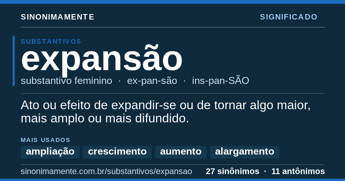 Significado de expansão: cartão do verbete com 27 sinônimos