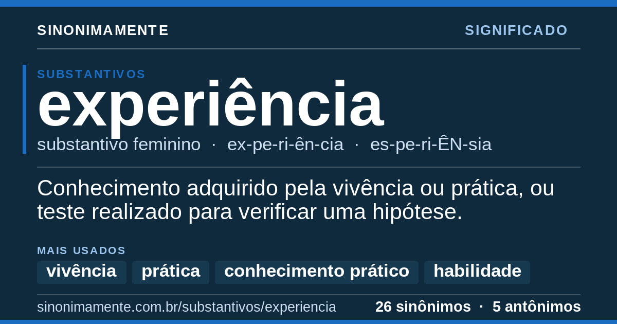 Significado de experiência: cartão do verbete com 26 sinônimos