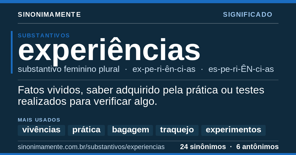 Significado de experiências: cartão do verbete com 24 sinônimos