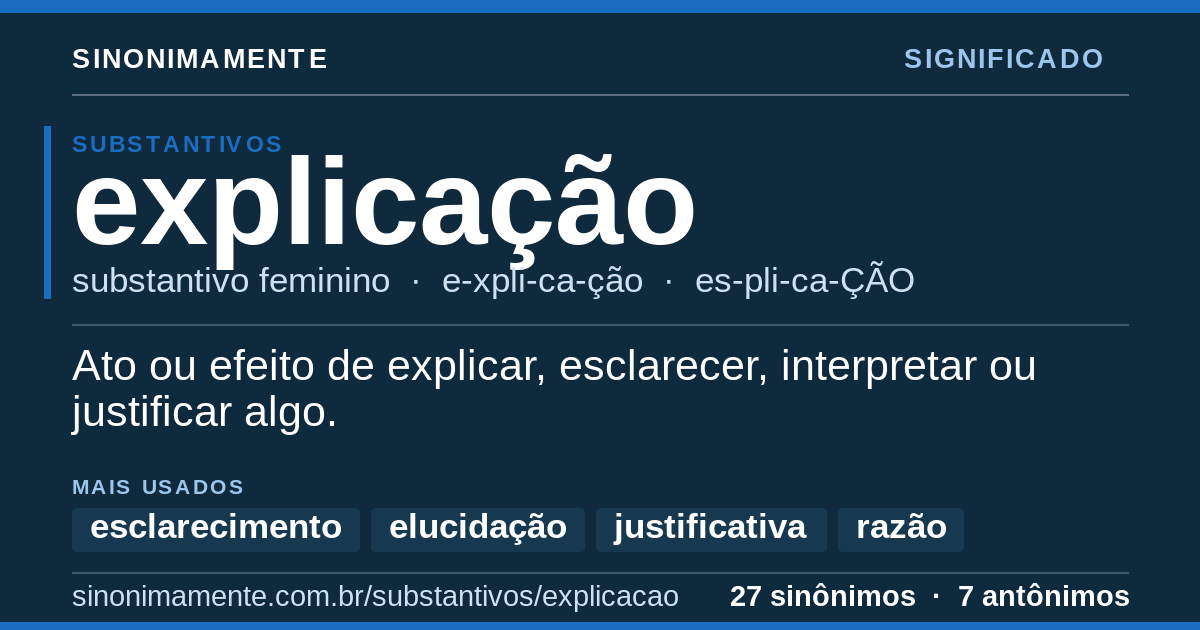 Significado de explicação: cartão do verbete com 27 sinônimos