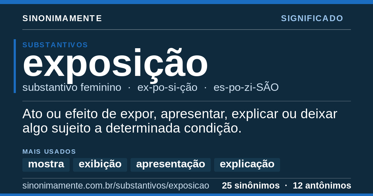 Significado de exposição: cartão do verbete com 25 sinônimos