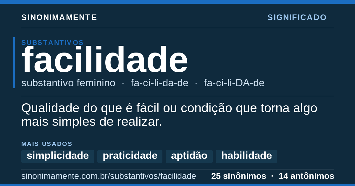 Significado de facilidade: cartão do verbete com 25 sinônimos