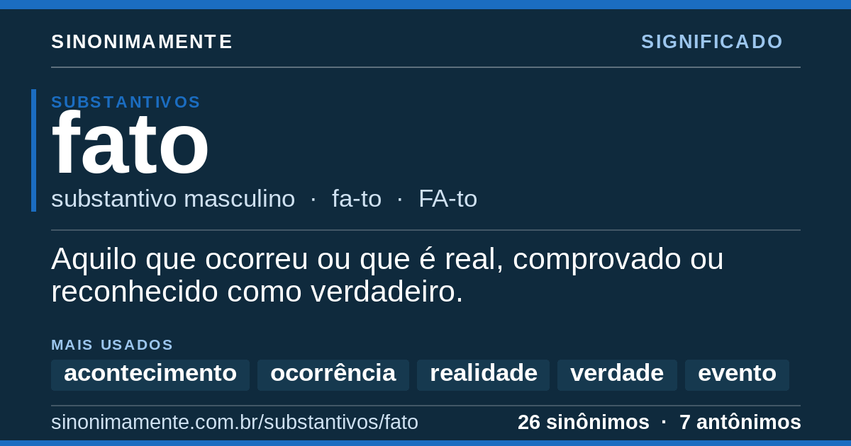 Significado de fato: cartão do verbete com 26 sinônimos