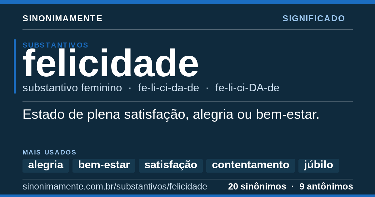 Significado de felicidade: cartão do verbete com 20 sinônimos