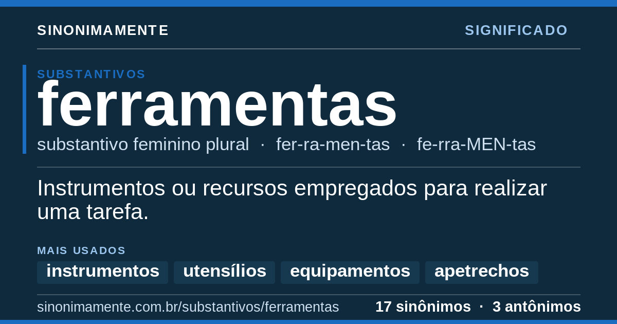 Significado de ferramentas: cartão do verbete com 17 sinônimos