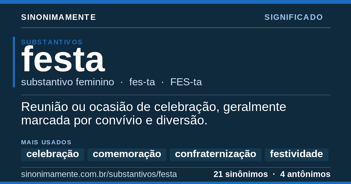 Significado de festa: cartão do verbete com 21 sinônimos