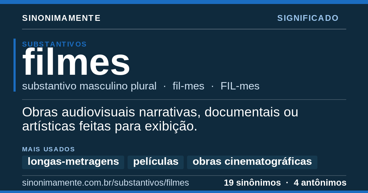 Significado de filmes: cartão do verbete com 19 sinônimos