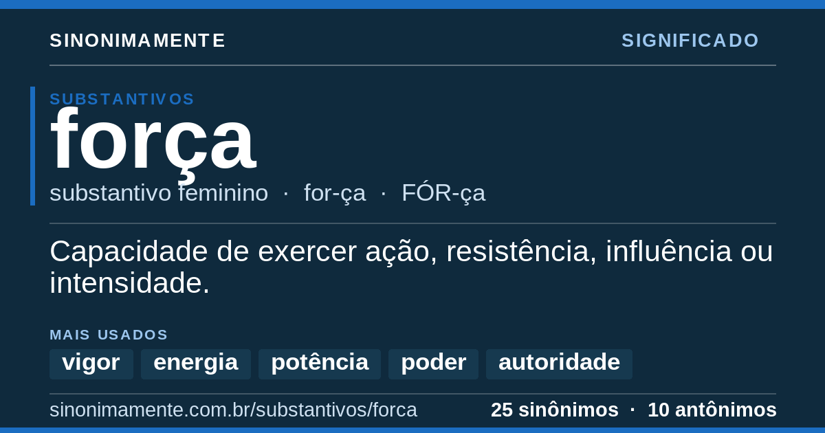 Significado de força: cartão do verbete com 25 sinônimos